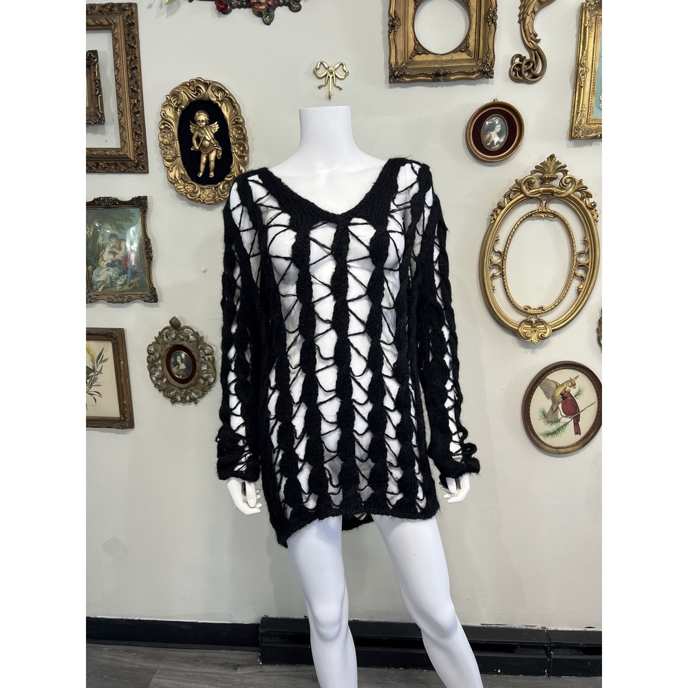 Custo Barcelona Knitwear Black Suri Alpaca Merino Wool Open Knit Holey Sweater S